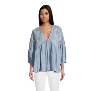 World Market Rumi Cornflower Blue Embroidered Peasant Top